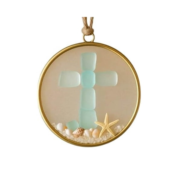 WEGFTDUOP Sea Glass Christmas Ornament White Beach Golden Round Frame Beach Decorations Holiday Products