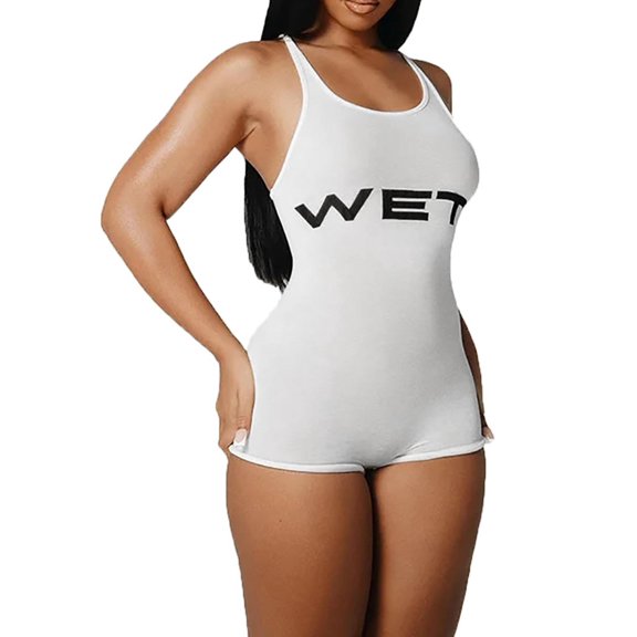 Wegirl Women's Sleeveless Bodycon Unitard Tank Romper with U-Neck and Raw Hem
