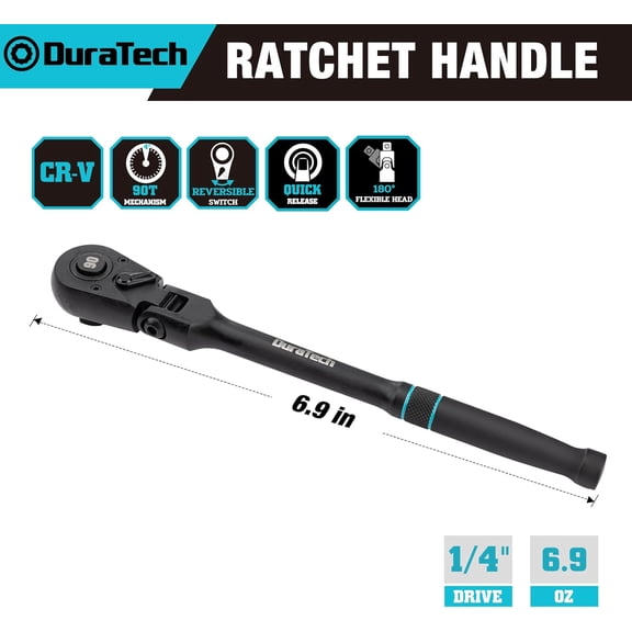WEGOLY-1/4-Inch Drive Flex-Head Ratchet, 90-Tooth Quick-Release Ratchet Wrench with 180 Pivoting Head and 7-Position Setting, Reversible, CR-V Made, CR-MO Head, 4 Swing, Black Mn Phosphate Finish
