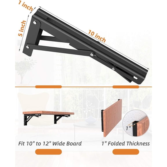 WEGOLY-10-Inch Foldable Brackets for DIY Folding Shelves or Tables, L Shelf Brackets Collapsible, Heavy Duty Stainless Steel, Max Load 300lbs, Black, 2 Pcs