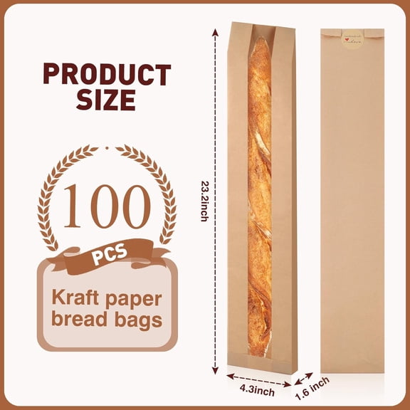 WEGOLY-100 Pack Paper Baguette Bread Loaf Packing Bakery Storage Bags with Window for Homemade Bread