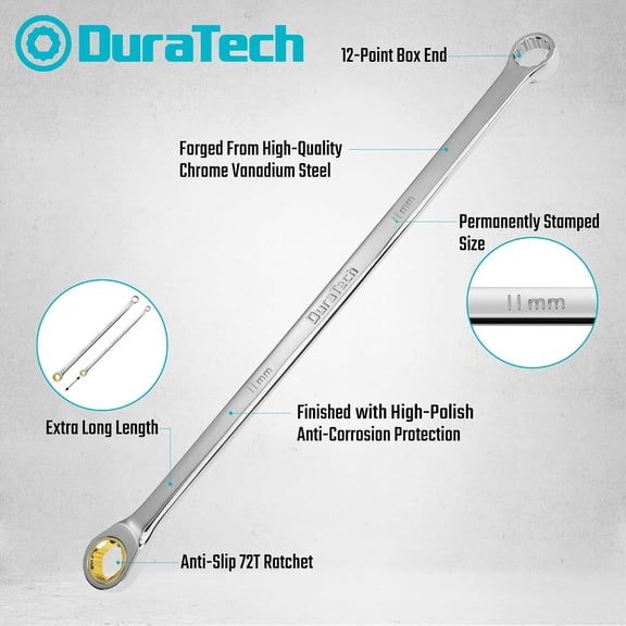 WEGOLY-11mm Extra Long Anti-Slip Ratcheting Wrench, Double Box End Wrench, 12-point, Metric, CR-V Steel