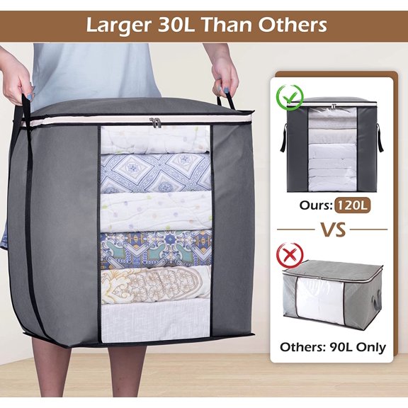 WEGOLY-120L Extra Large Blanket Storage Bags Breathable Clothes Storage Containers for King Comforter Bedding Pillow Sheet, Grey, 2 Packs