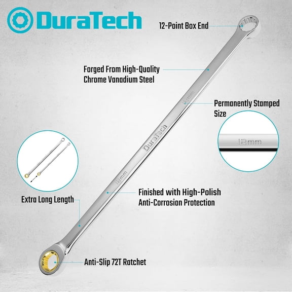 WEGOLY-12mm Extra Long Anti-Slip Ratcheting Wrench, Double Box End Wrench, 12-point, Metric, CR-V Steel