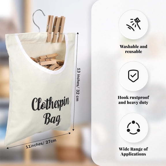 WEGOLY-2 Pcs Canvas Clothespin Bag laundry Hanging Storage Organizer Clothes Pin Hanging Bag with Hook Clothespin Holder with an Extra Large Opening, Holds 100 Clothes Pins for Clothesline Outdoor