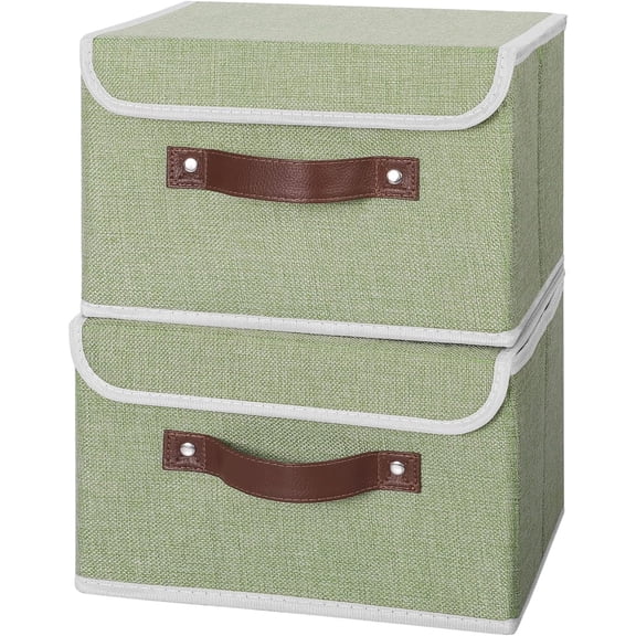 WEGOLY-2PCS Storage Bins with Lid PU Leather Handles Storage Boxes PP Plastic Board Decorative Foldable Lidded Cotton Linen Fabric Home Cubes Baskets Closet Organizer Containers - Green, Small Size