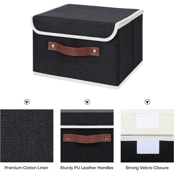 WEGOLY-2PCS Storage Bins with Lid PU Leather Handles Storage Boxes PP Plastic Board Decorative Foldable Lidded Cotton Linen Fabric Home Cubes Baskets Closet Organizer Containers - Black, Large Size