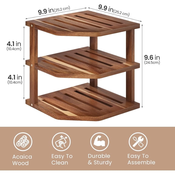 WEGOLY-3 Tier Acacia Wood Corner Shelf,Dish Drying Rack,Plate Organizer,Kitchen Spice Rack for Countertop and Cabinet,Pantry Organization and Storage