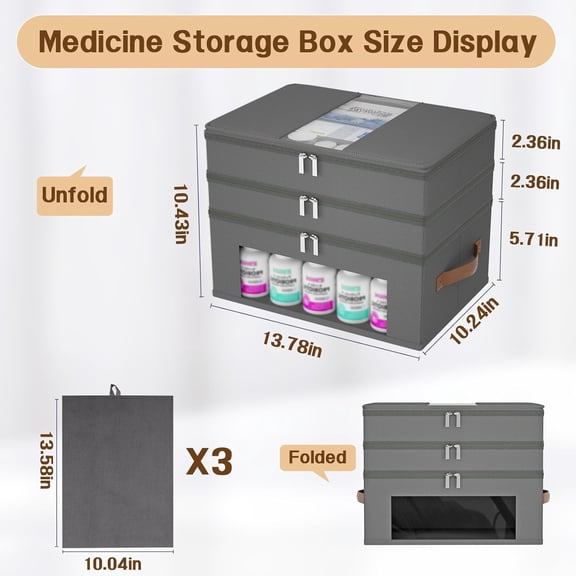 WEGOLY-3-Tier Medicine Cabinet Organizer, Fabric Medicine Organizer for Cabinet with Leather Handle, Medicine Storage Box for First Aid, Organizers and Storage Home Must Haves (Grey)