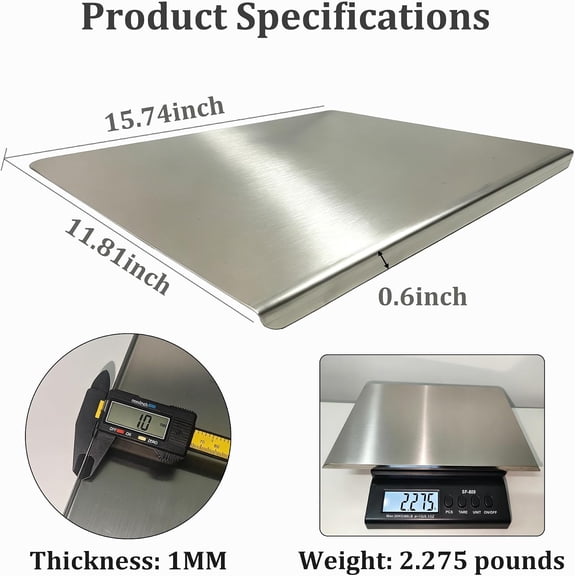 WEGOLY-304 Stainless Steel Cutting Board for Kitchen with Lip, 15.8" x 11.8" Double Sided Metal Cutting Board, Food Prep, Raw Meat, Bread & Dough, Durable Countertop Cutting Board