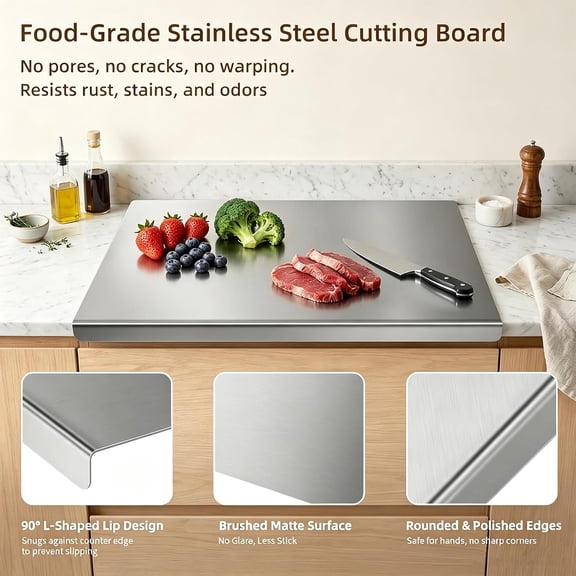 WEGOLY-304 Stainless Steel Cutting Board with Lip, Large L-Shaped Bread Board for Kitchen, Bread Cutting Board, Double-Sided Chopping Board for Meat, Fruits, Vegetables, Bread and Baking (11.8 * 11.8