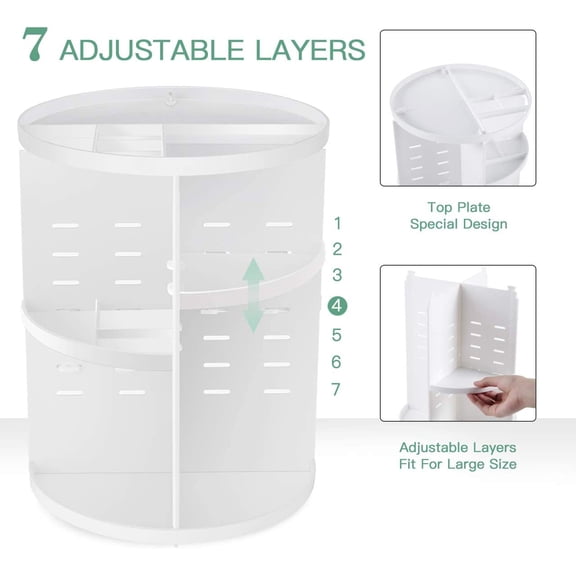 WEGOLY-360 Rotating Makeup Organizer,DIY Adjustable Spinning Holder,Foldable Cosmetic Storage Display box,Large Capacity Make up Caddy Shelf,Fits Countertop Vanity and Bathroom (WHITE)