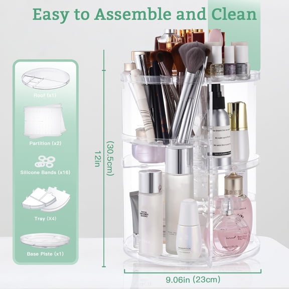 WEGOLY-360 Rotating Makeup Organizer,DIY Adjustable Spinning Holder,Foldable Cosmetic Storage Display box,Large Capacity Make up Caddy Shelf,Fits Countertop Vanity and Bathroom (CLEAR)