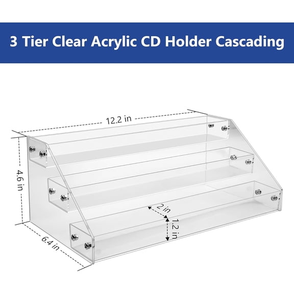 WEGOLY-3Tier Clear Acrylic CD Holder Cascading CD Storage Rack,DVD/CD Display Rack & Vinyl Record Storage Stand Holds up to 24 Standard CD Cases for Media Shelf Storage and Organization (clear, Medi