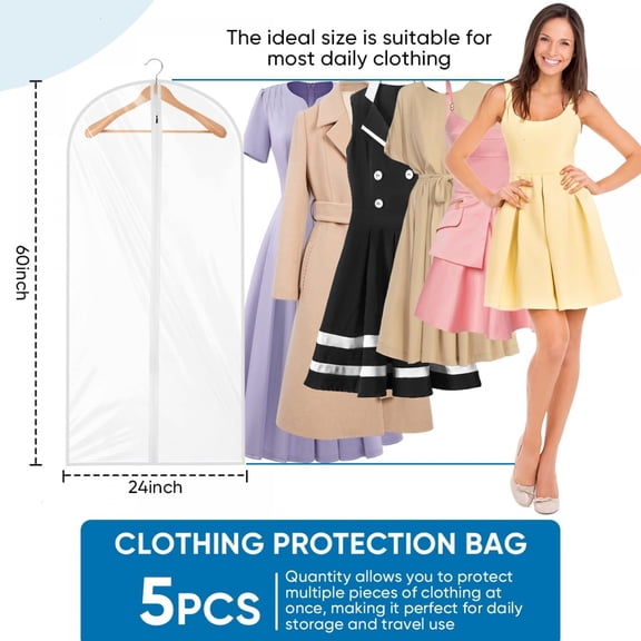 WEGOLY-5 Pack Clear Garment Bags for Hanging Clothes, 24 x 60 Inch Plastic Clothes Cover Bags with Zipper for Jackets Dresses Suits Coats Shirts