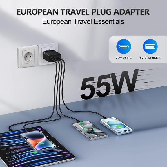 WEGOLY-55W European Travel Plug Adapter 2 Pack, European USB C Charger 4-Port Fast Charger Type C Wall Charger USA to Europe Plug Adaptor for iPhone 17 16 15 14 13 12 11 Pro Max X 8, Galaxy, Android