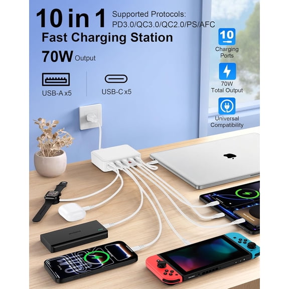 WEGOLY-70W Charger Block Multiple Ports, USB C Charger Station, 10-Port Charging Hub with 5 USB-C & 5 USB-A Multi Port, Fast Multiport Wall Outlet for iPhone 17 16 15 Pro Max, Samsung, iPad Power AC