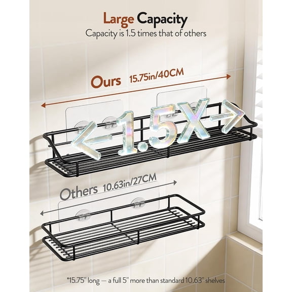 WEGOLY-Adhesive Bathroom Shelf Organizer Shower Caddy Storage Basket Kitchen Spice Rack No Drilling SUS304 Stainless Steel Rustproof, 15.75 inch, Black