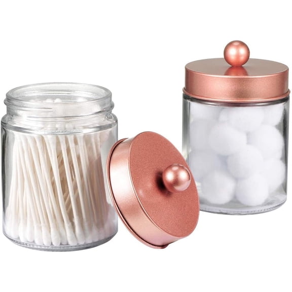 WEGOLY-Apothecary Jars Bathroom Storage Organizer -Countertop Storage Organizer Canister - Attractive Qtip Dispenser Holder Glass with Lid- for Cotton Swabs,Bath Salts,Hair Band / 2-Pack(Rose Gold)