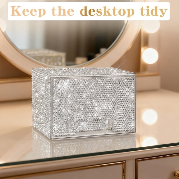 WEGOLY-Bling Stackable Cosmetic Organizer with Silver Rhinestones, Glitter Acrylic Drawer, Shiny Plastic Organizer for Dresser, Vanity,Pantry, Home Organization and Storage