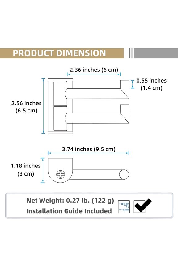 -Brushed Gold Double Swivel Towel Hook, 304 Stainless Steel Foldable Towel Hanger, Space-Saving Wall Hook for Bathroom Kitchen RV