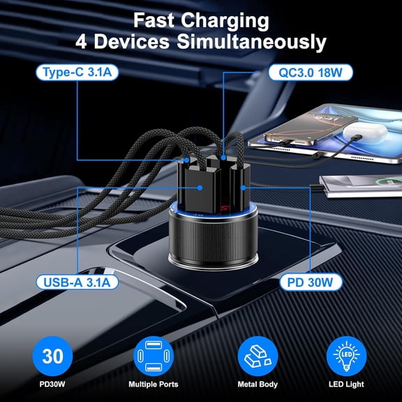 WEGOLY-Car Charger USB C, 4 Ports Cigarette Lighter USB Charger USB C Car Adapter PD/QC Fast Charging with Voltmeter for iPhone 17 16 15 14 13 12 Galaxy S24 S23 A54 A16 Android Dash Cam, 2Pack