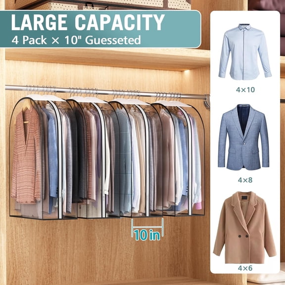 WEGOLY-Clear Garment Bag for Hanging Clothes 10 Gusseted, 32 Suit Bags for Open Closet Storage Plastic Clothes Cover for Coat, Dress, Shirts, Fur, Jacket, Wardrobe Protectors, 4 Pack