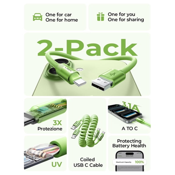WEGOLY-Coiled USB C Cable, 2 Pack for Android Auto & CarPlay Cable, Short USB A to USB C Cable Compatible with iPhone 17/16/15, Samsung Galaxy S25/S24/S23 A15/A14, Google Pixel 9/8, Green 4FT
