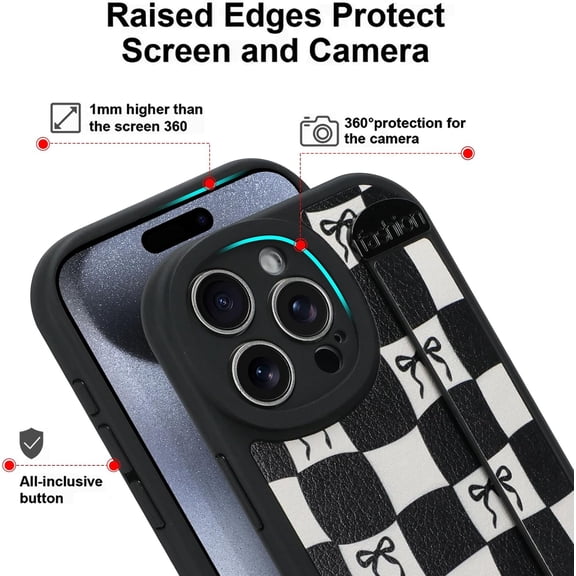 WEGOLY-Compatible with iPhone 15 Pro Max Case with Strap, Classic Checkered Checkerboard Bow Phone Case with Finger Strap Kickstand, Shockproof Protective Cover, Black Checkered Bow