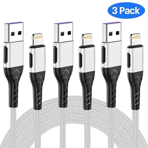 WEGOLY-Compatible with iPhone Charger,3Pack 10FT USB A Cable for Phone Charger Cable, Fast Phone Charging Cord Compatible with Phone Xs Max/XS/XR/X/8/7/6S/6/Plus/SE/Pad(Bright Silver)