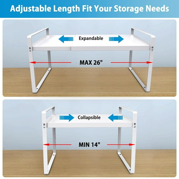 WEGOLY-Expandable Cabinet Shelf Organizer 14-25 Inch Adjustable Length, 9" Wide 2-Tier (8" Bottom Layer) Metal Storage Rack for Kitchen Pantry, Under Sink Countertop - Heavy Duty White(1 Pack)