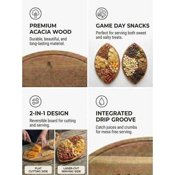 WEGOLY-Football Shaped Cutting Board 16X9.5 Inch Acacia Wood Charcuterie Tray Wooden American Football Serving Platter for Super Bowl Parties, Tailgate Hosting & Gifts