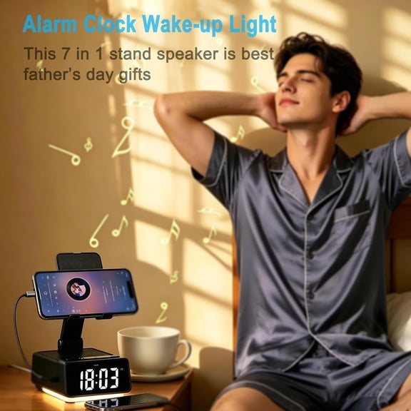 WEGOLY-Gifts for Father & Men Who Have Everything, Bluetooth Speaker Phone Stand, Dual Alarm & RGB Light, Adjustable Foldable Charging Holder, Unique Birthday Gifts for Men, Women & Husband