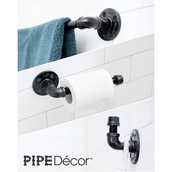WEGOLY-Industrial Pipe Bathroom Hardware Fixture Set by Pipe Decor 3 Piece Kit Includes Robe Hook, 18 Inch Towel Bar and Toilet Paper Holder, Heavy Duty DIY Style, Modern Chic Electroplated Black Fin