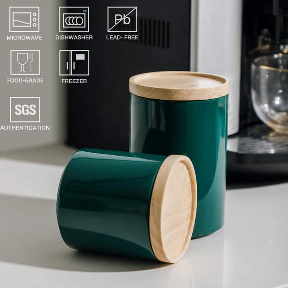 WEGOLY-Kitchen Canisters Ceramic Food Storage Jar, Stackable Containers with Airtight Seal Wooden Lid for Serving Ground Coffee, Tea, Sugar, Salt and More - 28 Fl Oz (Jade)