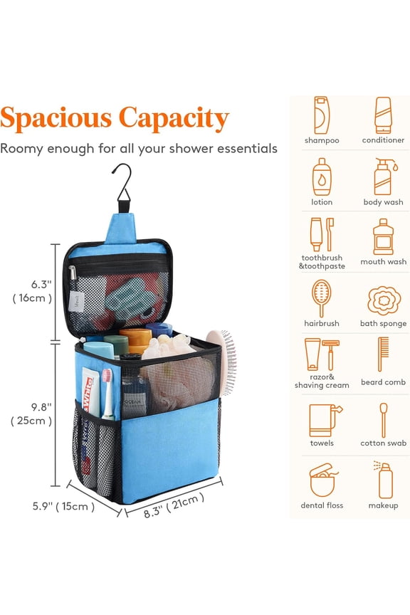-Mesh Shower Caddy Bag Portable for College Dorm Room Essentials, Hanging Organizer Basket, Quick Dry Tote Bag for Camping, Bathroom, Beach, Travel, Medium, Blue