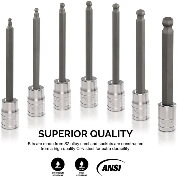 WEGOLY-Neiko 10243A 3/8-Inch-Drive Extra-Long Ball-End Hex-Bit Socket Set, Metric Sockets 3/8" or 3 to 10 mm, S2 Steel, 7-Piece Set