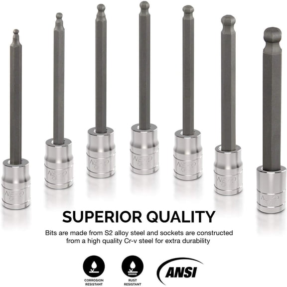WEGOLY-Neiko 10244A 3/8-Inch-Drive Extra-Long Ball-End Hex-Bit Socket Set, SAE Sockets 1/8" to 3/8", S2 Steel, 7-Piece Set