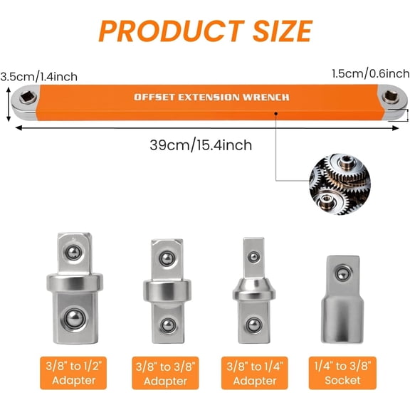 WEGOLY-Offset Extension Wrench, Zero Degree Ratchet Extension Set Impact Ready Socket Wrench Extender Tool with 1/2", 1/4", 3/8" Drive Adapters and 1/4" Socket for Tight Place Orange