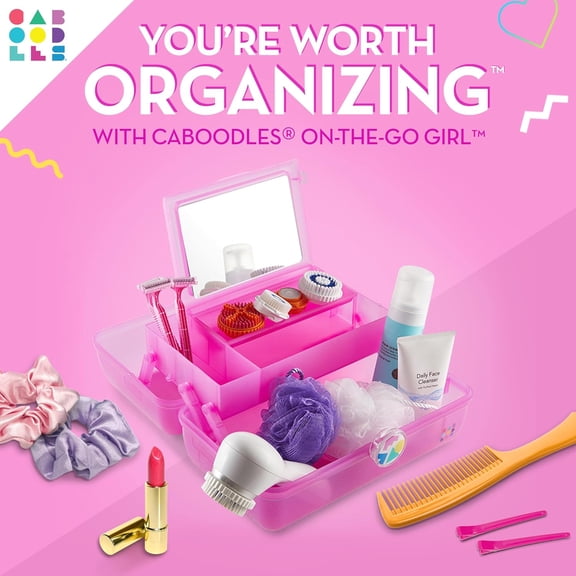 WEGOLY-On-The-Go Girl Makeup Box, Hot Pink Sparkle, Hard Plastic Makeup Organizer Box, Built-In Mirror, Secure Latch for Safe Travel, Spacious Storage for Large Items