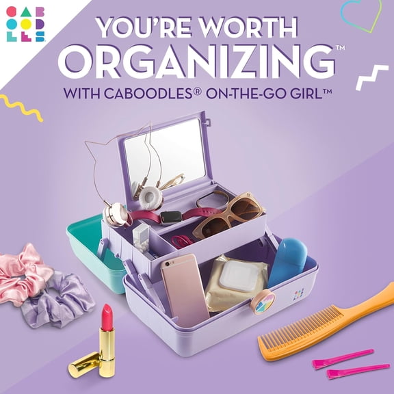 WEGOLY-On-The-Go Girl Makeup Box, Seafoam on Lavender, Hard Plastic Makeup Organizer Box, Built-In Mirror, Secure Latch for Safe Travel, Spacious Storage for Large Items