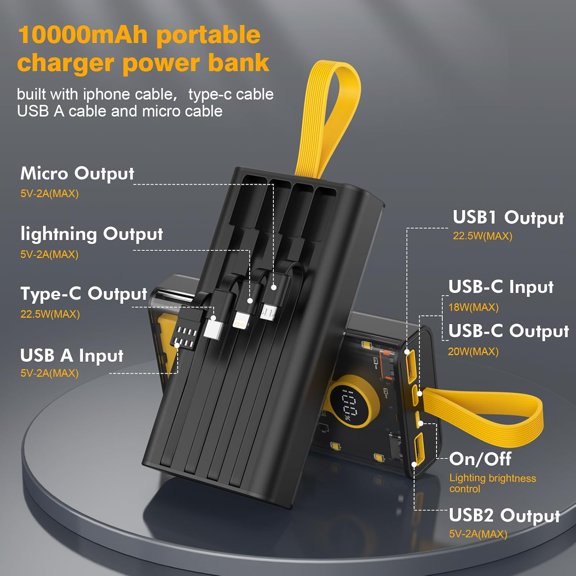 WEGOLY-Portable Charger 10000mAh,22.5W Fast Charging Power Bank with Built in Cables,Transparent External Battery Pack with Flashlight,USB C in&out Portable Phone Charger for iPhone Samsung Android
