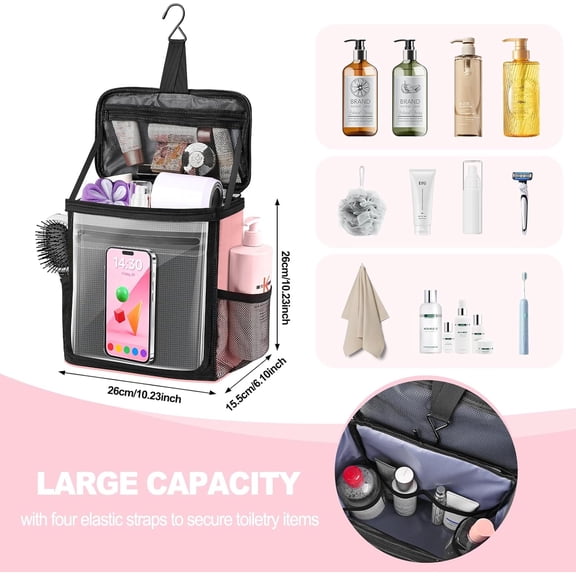 WEGOLY-Portable Hanging Shower Caddy, Large Capacity Travel Toiletry Bag for Men & Women, Bath Organizer with Hook & Waterproof Phone Compartment, for Gym, Travel, Dorm, Picnic, Bathroom(Pink)