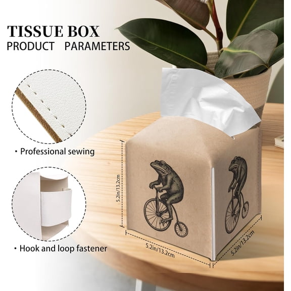 WEGOLY-Retro Tissue Box Cover Square - Frog on Penny-Farthing Design 5.2" PU Leather Holder for Vanity, Desk, or Bathroom Counter - Cube Case for Facial Tissues. (116)
