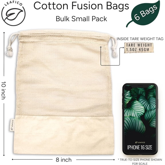 WEGOLY-Reusable Produce Bags 100% Cotton Mesh & Solid Hybrid (Small 8x10 inch 6 Pcs) Cloth Grocery Bags for Garlic, Nuts, Onions, Bulk Snacks Washable, Plastic-Free, Breathable, Zero Waste