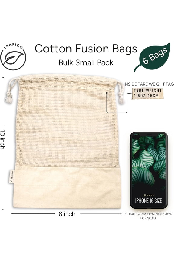 -Reusable Produce Bags  100% Cotton Mesh & Solid Hybrid (Small 8x10 inch 6 Pcs)  Cloth Grocery Bags for Garlic, Nuts, Onions, Bulk Snacks  Washable, Plastic-Free, Breathable, Zero Waste