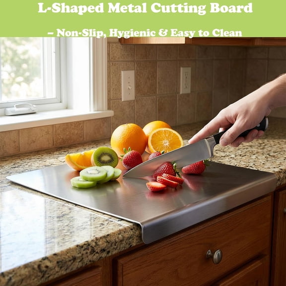 WEGOLY-Stainless Steel Cutting Board with Lip for Kitchen L-Shaped, Metal Chopping Board with Counter Lip for Kitchen, Heavy Duty Double-Sided Surface for Meat Vegetables Fruit Dough, Dishwasher Safe