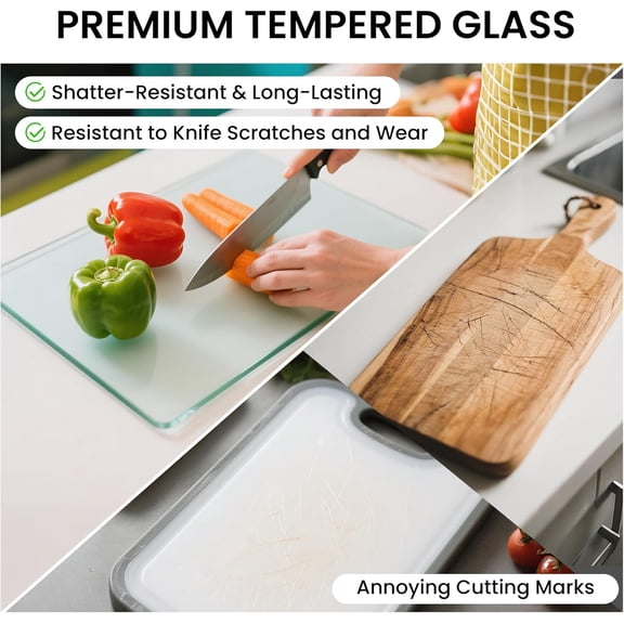 WEGOLY-Tempered Glass Cutting Board Set of 2 (16"x12" & 12"x8"), Clear Chopping Boards for Kitchen, Heat Resistant Trivet & Countertop Saver, Non-Slip, Shatter-Resistant, Dishwasher Safe