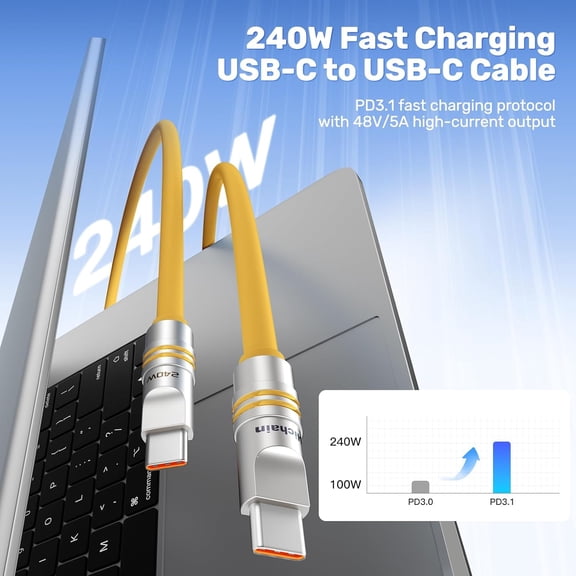 WEGOLY-USB C Cable Phone Charge Cable 240W Fast Charging Soft Ultra-Thick Silicone Type C Cables for Cell Phone, Tablets Power Bank Charger Cord Yellow 4FT