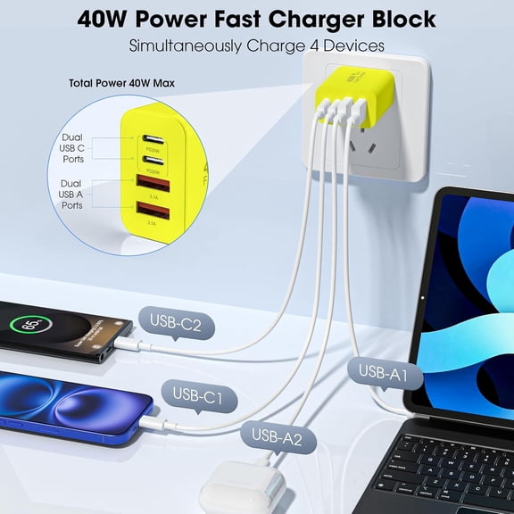 WEGOLY-USB C Charger Block, 2 Pack 40W 4-Port iPhone Charger Fast Charging Multiport PD 3.0 & QC 4.0 Double Quick Charge, Compatible with iPhone 17/16/15/14/13/12/11Pro MaxiPad, Samsung (2, Yellow)